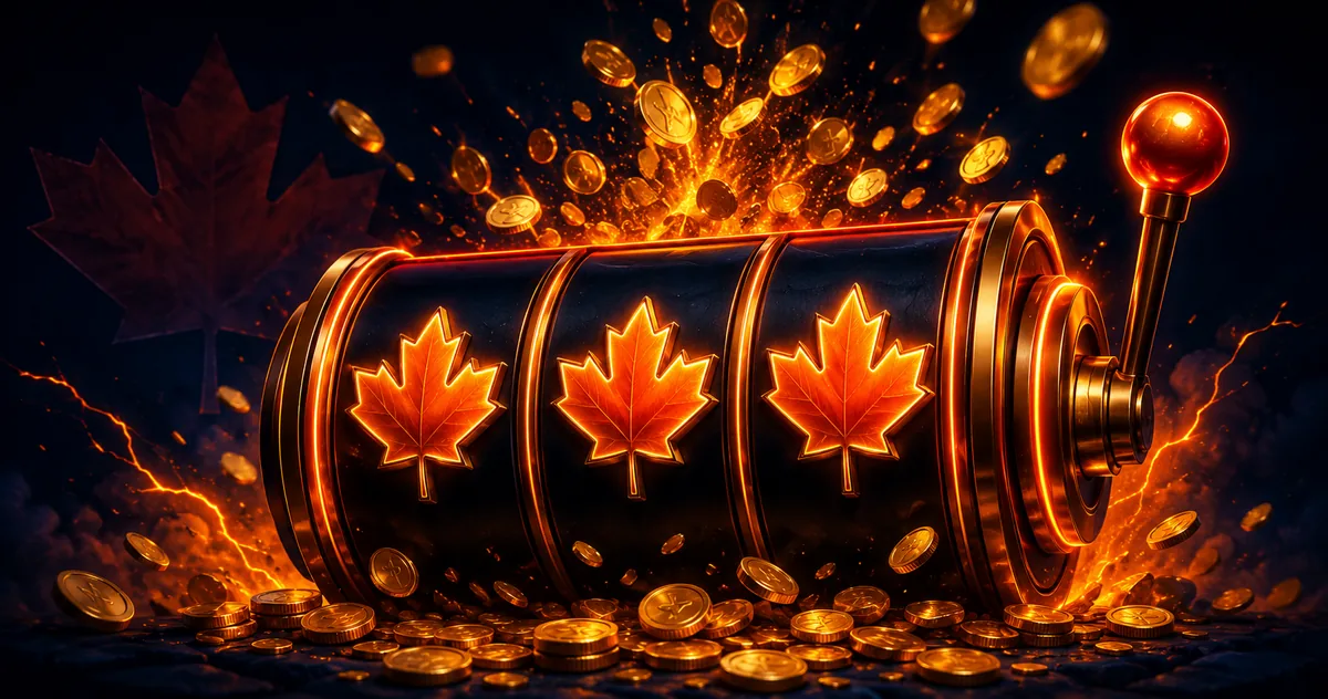 Progressive jackpot slot reel bursting with golden coins and a Canadian maple leaf backdrop, NoLimitCoins Canada