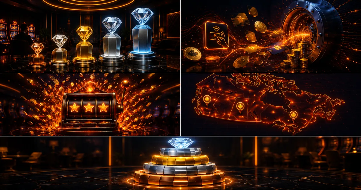 Five VIP tier trophies Bronze Silver Gold Platinum Diamond on a marble casino floor at NoLimitCoins Canada
